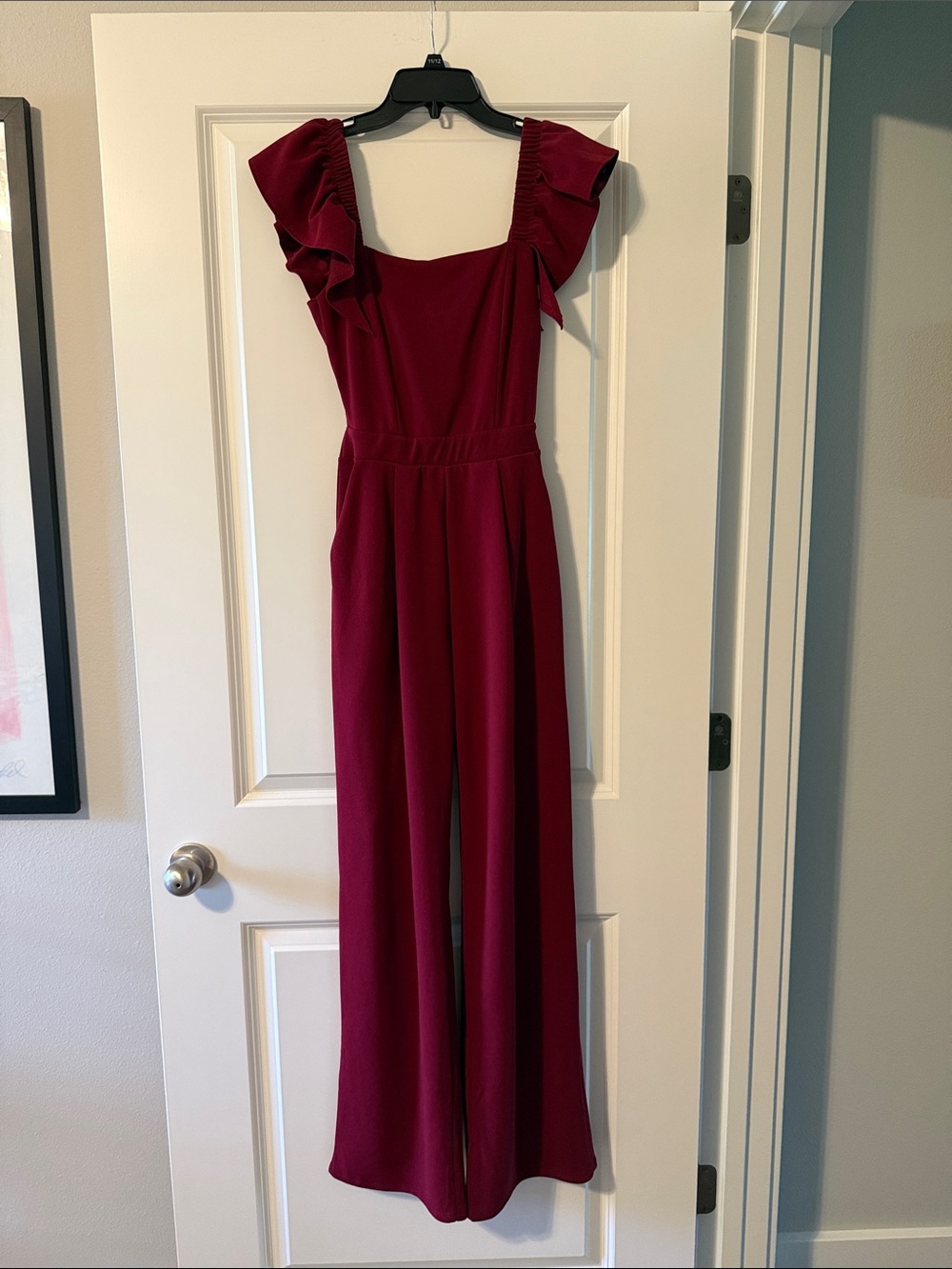 Dry Goods Burgundy Ruffle Strap Wide-Leg Jumpsuit